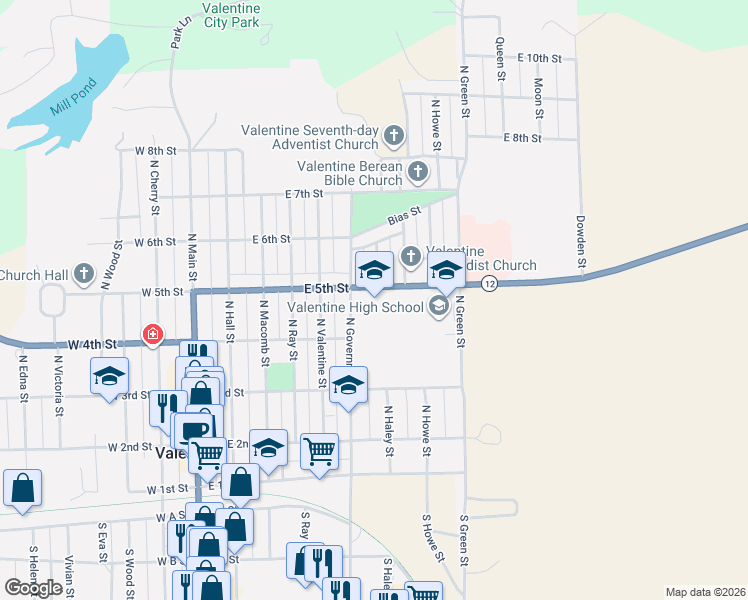 map of restaurants, bars, coffee shops, grocery stores, and more near 400-498 North Government Street in Valentine