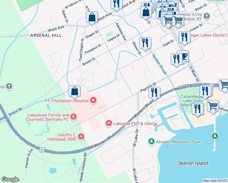 map of restaurants, bars, coffee shops, grocery stores, and more near 196 Parrish Street in Canandaigua