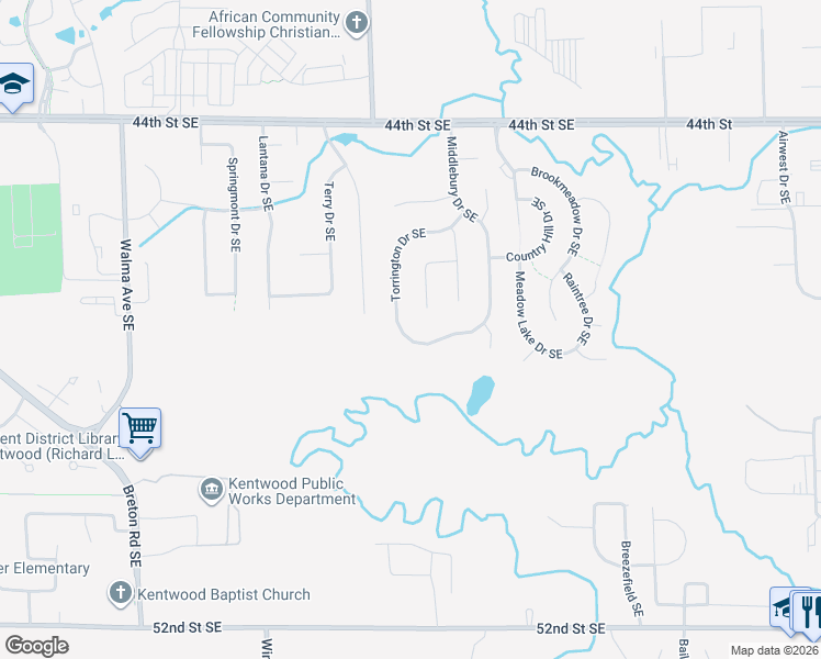 map of restaurants, bars, coffee shops, grocery stores, and more near 4744 Torrington Drive Southeast in Kentwood