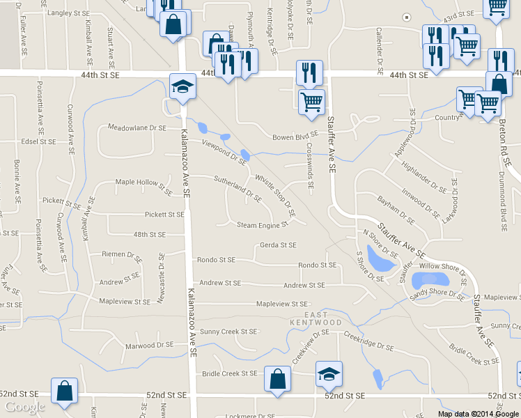 map of restaurants, bars, coffee shops, grocery stores, and more near 1798 Sutherland Dr SE in Kentwood