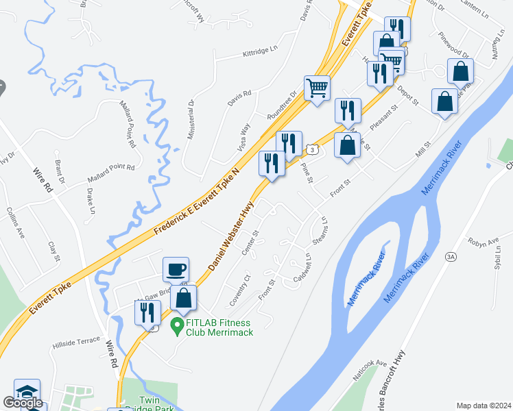 map of restaurants, bars, coffee shops, grocery stores, and more near 63 London Court in Merrimack