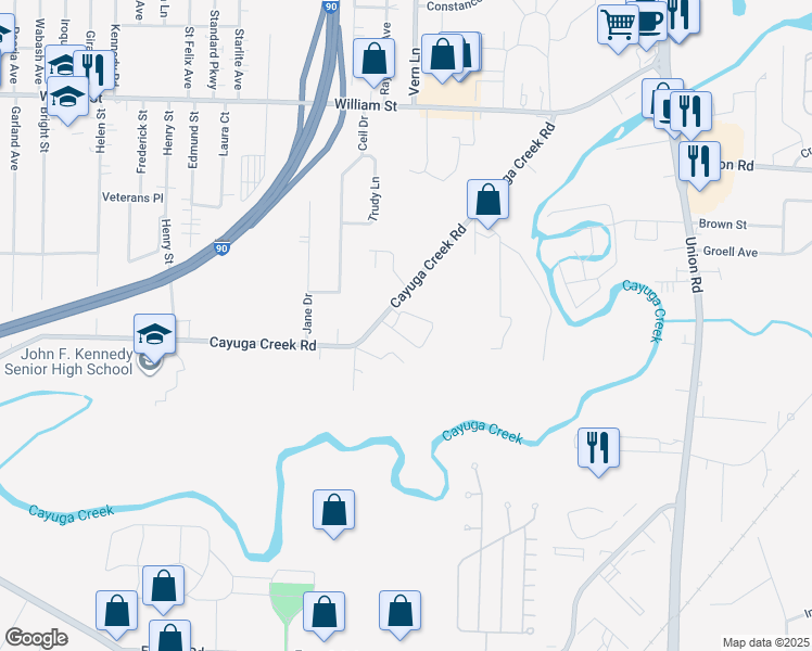 map of restaurants, bars, coffee shops, grocery stores, and more near 575 Cayuga Creek Road in Buffalo