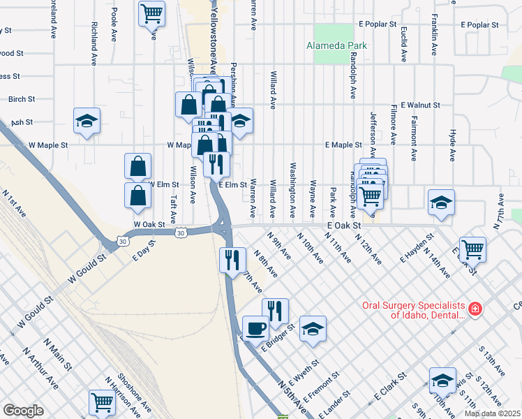 map of restaurants, bars, coffee shops, grocery stores, and more near 134 Warren Avenue in Pocatello