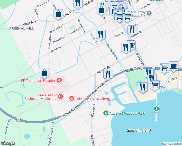 map of restaurants, bars, coffee shops, grocery stores, and more near 469 South Pearl Street in Canandaigua
