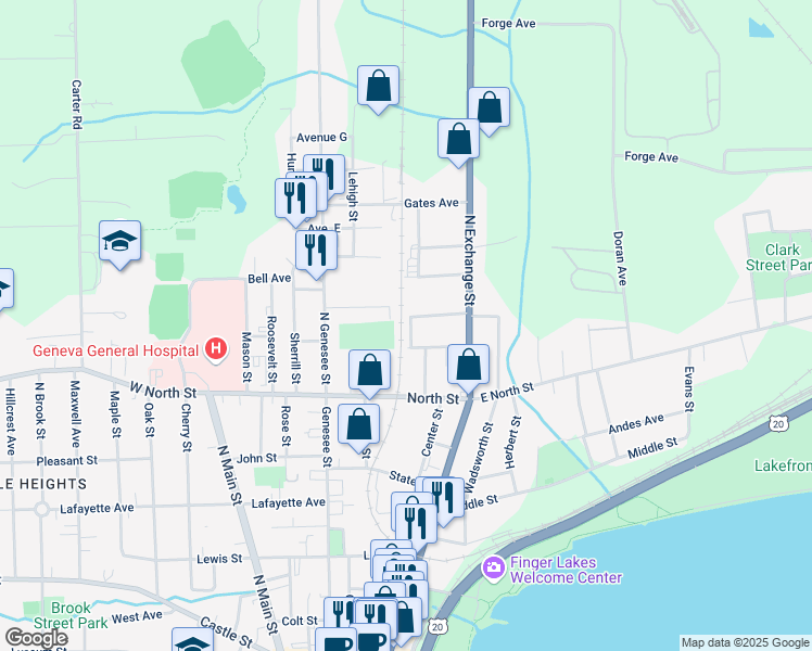 map of restaurants, bars, coffee shops, grocery stores, and more near 40 Prospect Avenue in Geneva