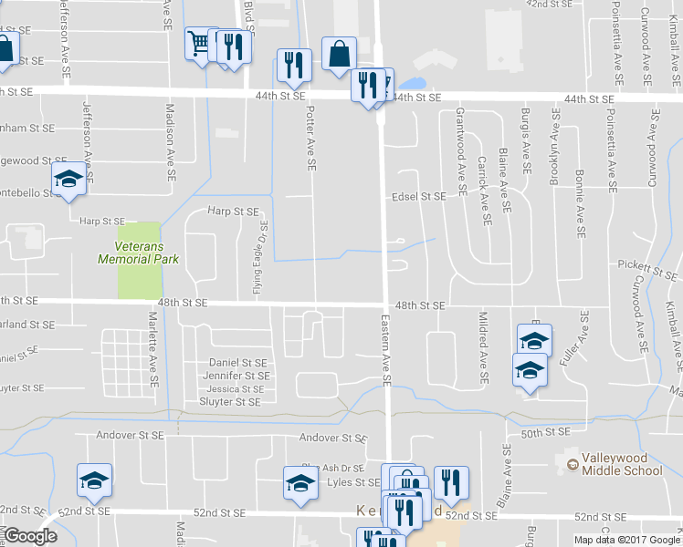 map of restaurants, bars, coffee shops, grocery stores, and more near 4716 Potter Avenue Southeast in Kentwood