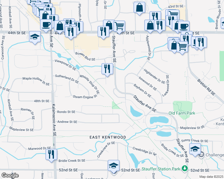 map of restaurants, bars, coffee shops, grocery stores, and more near 4723 Circle Shore Drive Southeast in Kentwood