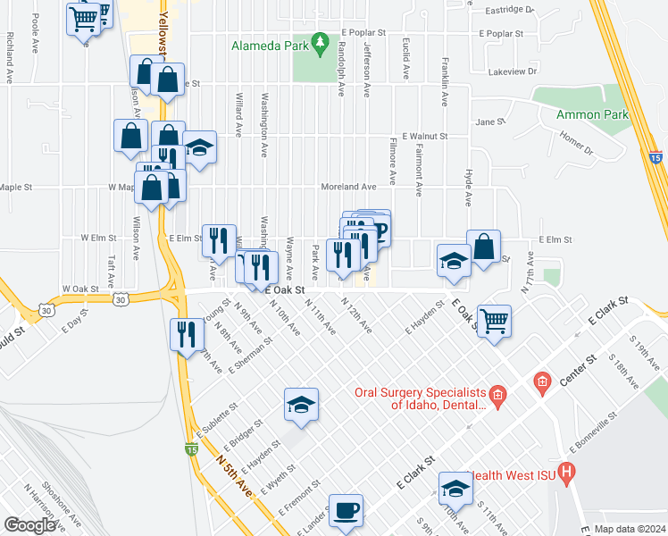 map of restaurants, bars, coffee shops, grocery stores, and more near 141 Randolph Avenue in Pocatello