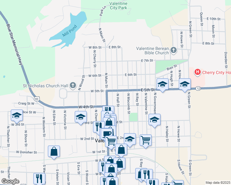 map of restaurants, bars, coffee shops, grocery stores, and more near 431 North Hall Street in Valentine