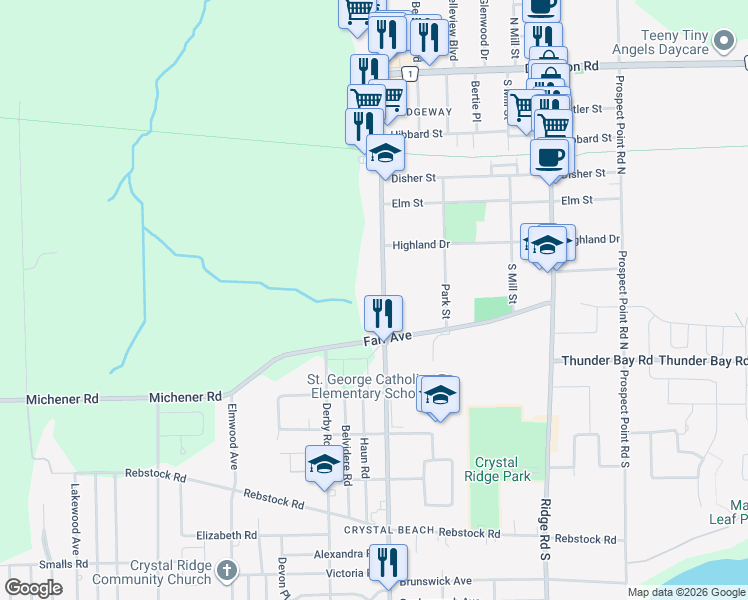 map of restaurants, bars, coffee shops, grocery stores, and more near 113 Gorham Road in Fort Erie