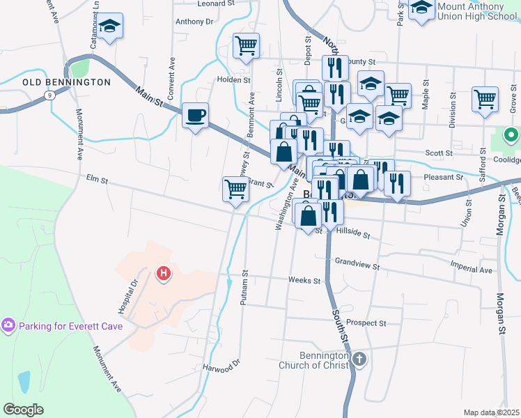 map of restaurants, bars, coffee shops, grocery stores, and more near 105 Paddock Place in Bennington