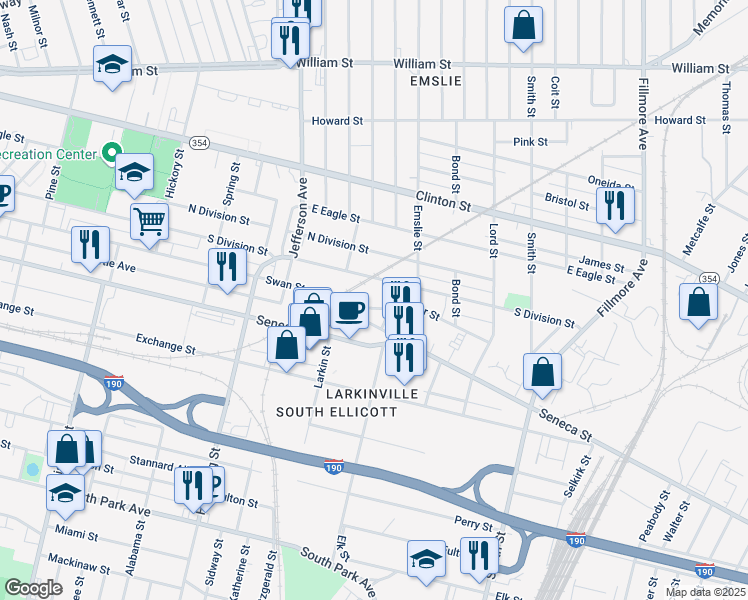 map of restaurants, bars, coffee shops, grocery stores, and more near 36 Seymour Street in Buffalo