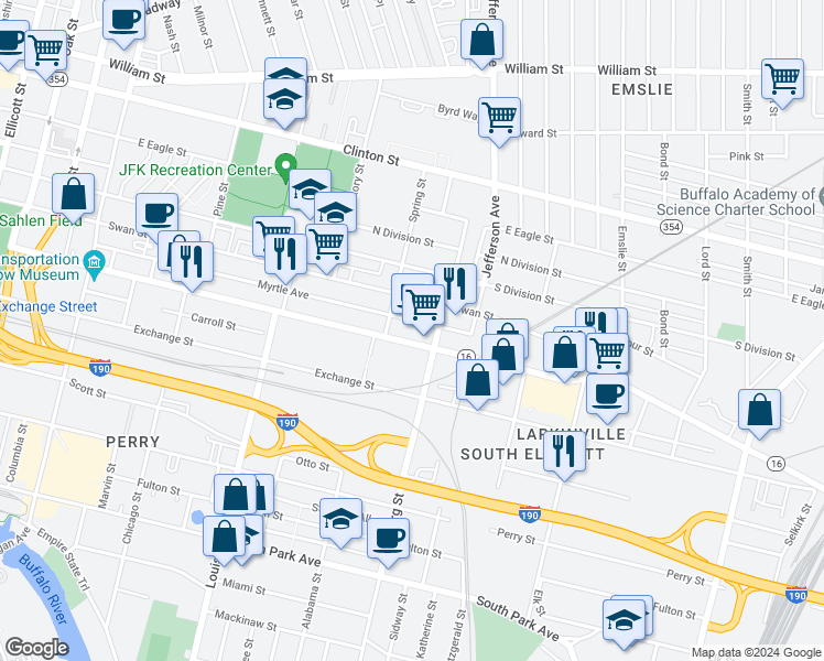 map of restaurants, bars, coffee shops, grocery stores, and more near 500 Seneca Street in Buffalo