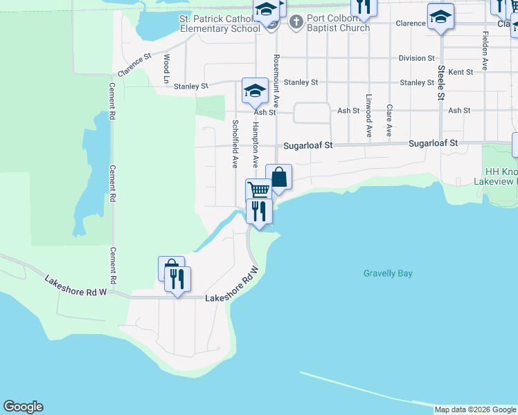 map of restaurants, bars, coffee shops, grocery stores, and more near 11 Hampton Avenue in Port Colborne