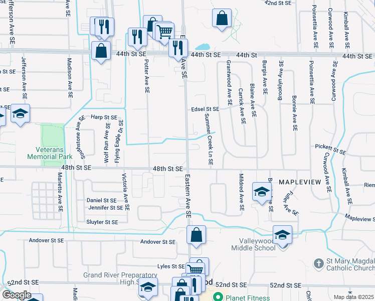 map of restaurants, bars, coffee shops, grocery stores, and more near 4742 Eastern Avenue Southeast in Grand Rapids