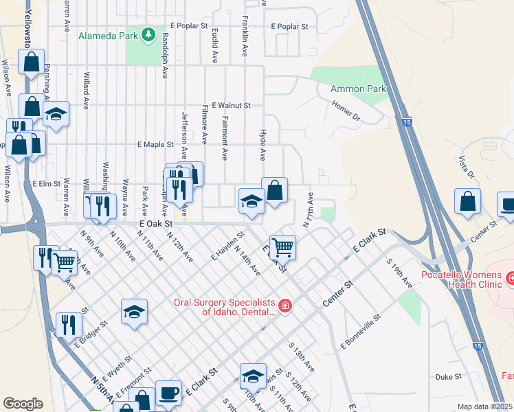 map of restaurants, bars, coffee shops, grocery stores, and more near 1250 East Oak Street in Pocatello