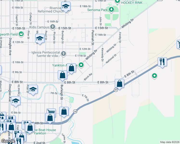 map of restaurants, bars, coffee shops, grocery stores, and more near 810 Birch Road in Yankton