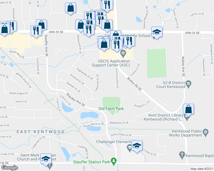 map of restaurants, bars, coffee shops, grocery stores, and more near 4709 Drummond Boulevard Southeast in Kentwood