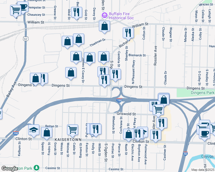 map of restaurants, bars, coffee shops, grocery stores, and more near S Ogden St & Old South Ogden Street in Buffalo