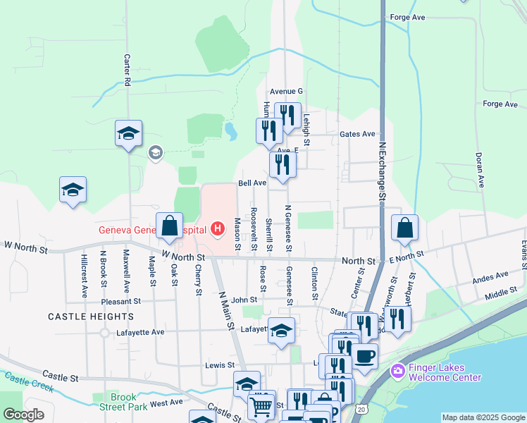 map of restaurants, bars, coffee shops, grocery stores, and more near 59 Sherrill Street in Geneva