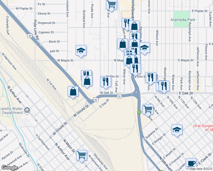 map of restaurants, bars, coffee shops, grocery stores, and more near 137 Roosevelt Avenue in Pocatello