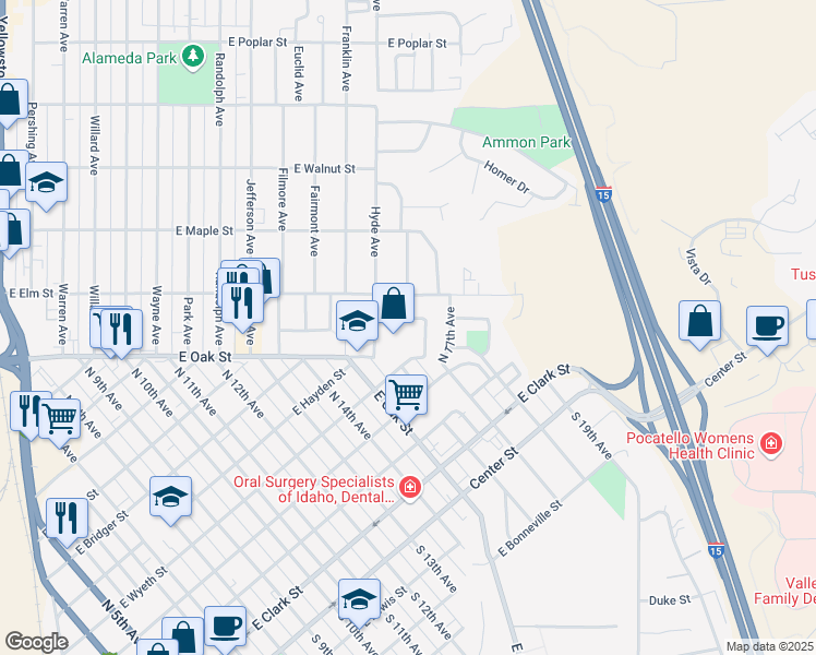 map of restaurants, bars, coffee shops, grocery stores, and more near 57 Chase Street in Pocatello