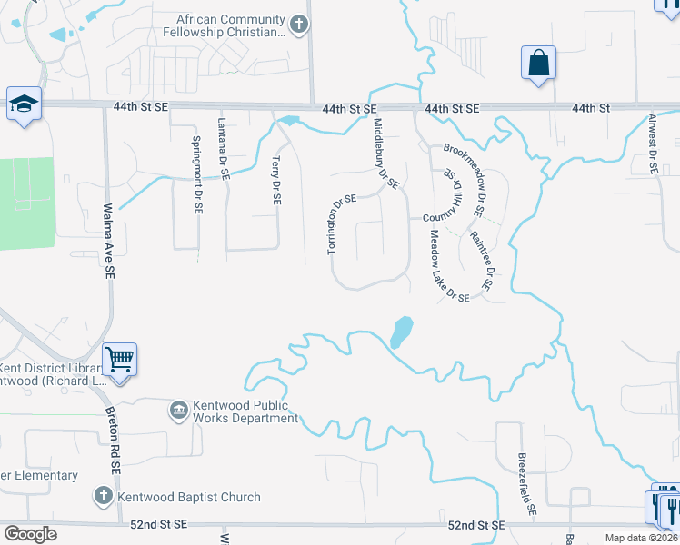 map of restaurants, bars, coffee shops, grocery stores, and more near 4744 Torrington Drive Southeast in Kentwood