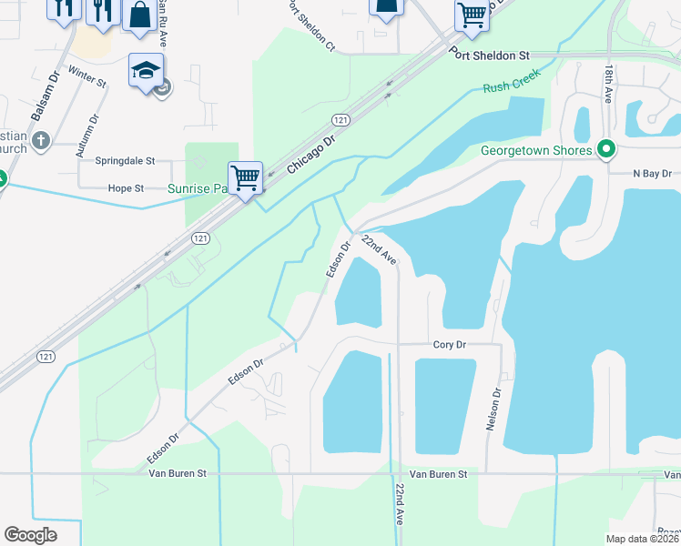 map of restaurants, bars, coffee shops, grocery stores, and more near 2322 Edson Drive in Hudsonville