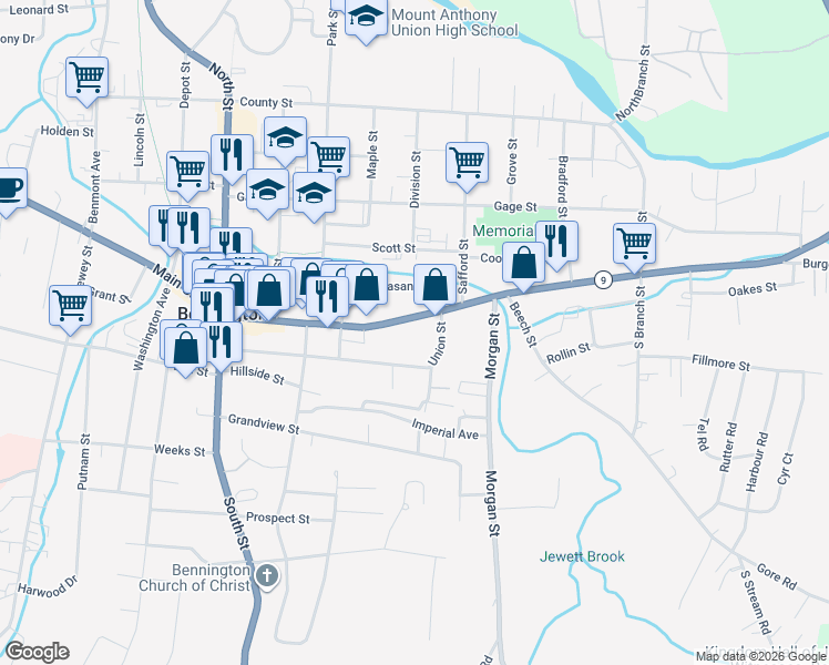 map of restaurants, bars, coffee shops, grocery stores, and more near 651 Main Street in Bennington