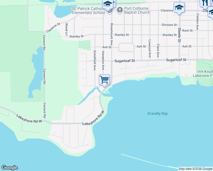 map of restaurants, bars, coffee shops, grocery stores, and more near 815 Lakeshore Road West in Port Colborne