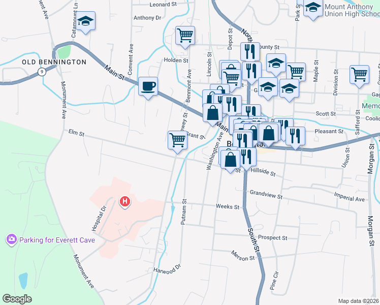 map of restaurants, bars, coffee shops, grocery stores, and more near 105 Paddock Place in Bennington