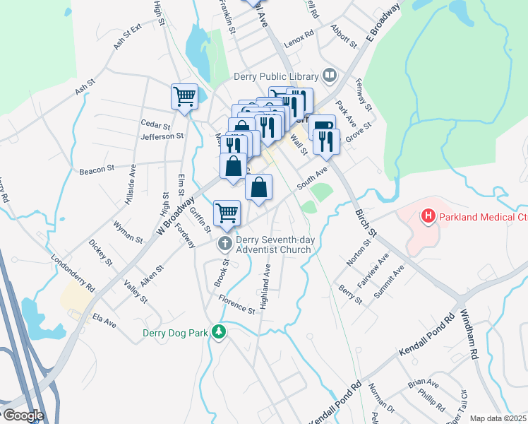 map of restaurants, bars, coffee shops, grocery stores, and more near 29 Central Court in Derry