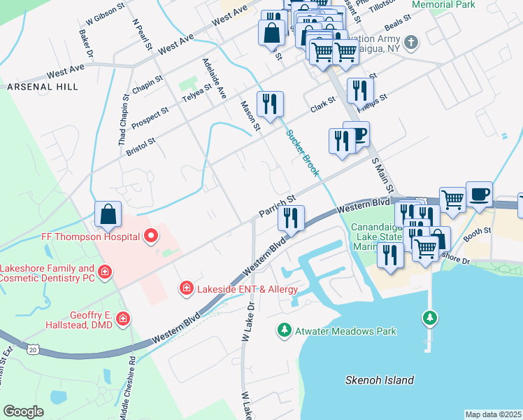 map of restaurants, bars, coffee shops, grocery stores, and more near 174 Parrish Street in Canandaigua