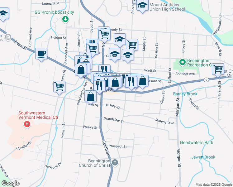 map of restaurants, bars, coffee shops, grocery stores, and more near 465 Main Street in Bennington