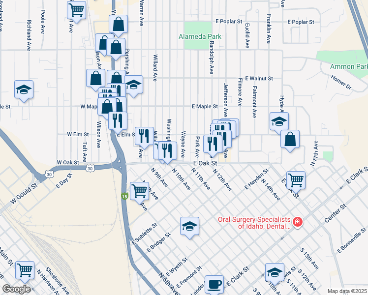 map of restaurants, bars, coffee shops, grocery stores, and more near 128 Washington Avenue in Pocatello