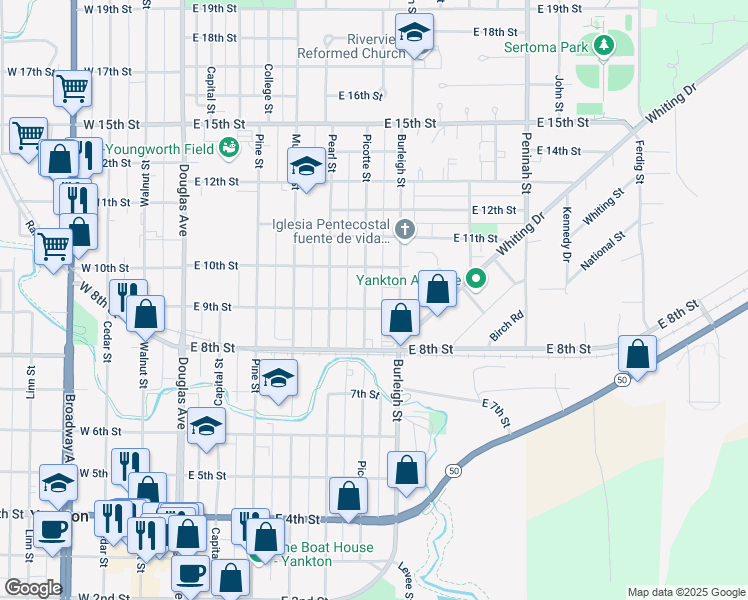 map of restaurants, bars, coffee shops, grocery stores, and more near 815 Picotte Street in Yankton