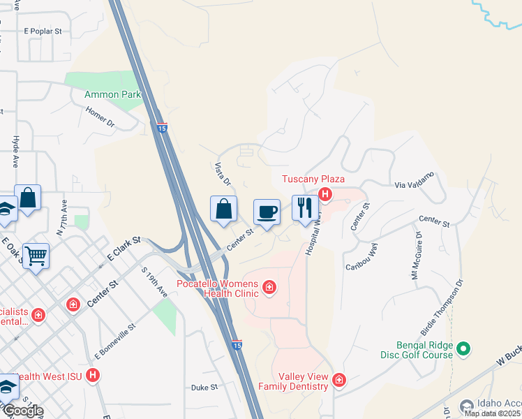 map of restaurants, bars, coffee shops, grocery stores, and more near 110 Vista Drive in Pocatello