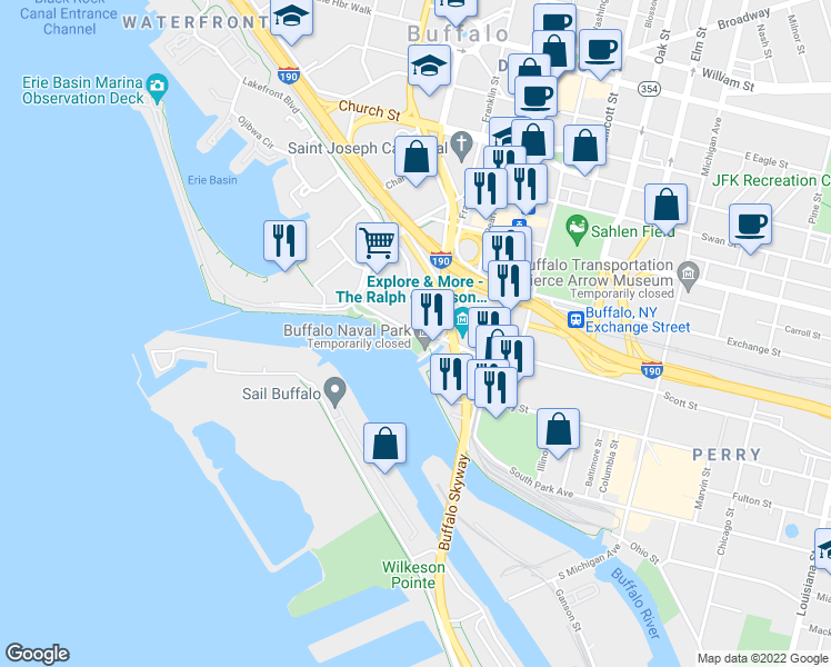 map of restaurants, bars, coffee shops, grocery stores, and more near 23 Marine Drive in Buffalo