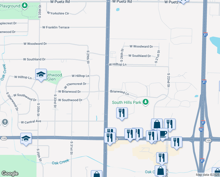 map of restaurants, bars, coffee shops, grocery stores, and more near 9180 South 27th Street in Oak Creek