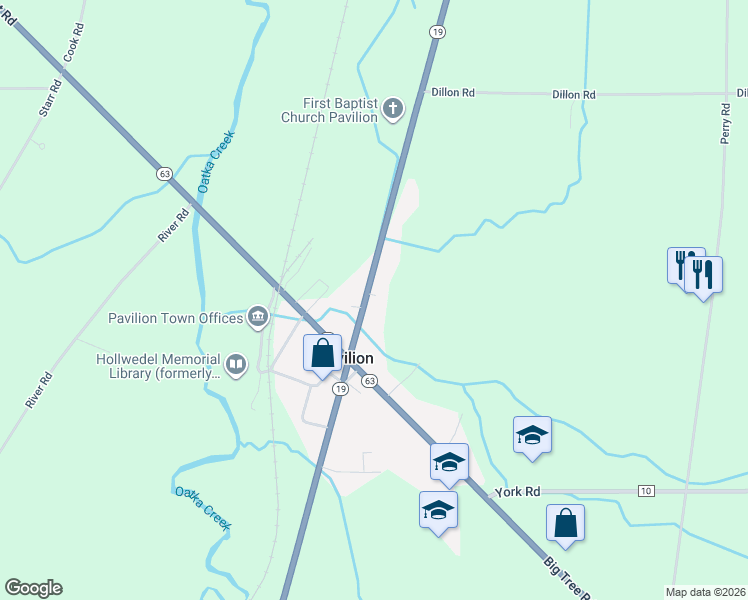 map of restaurants, bars, coffee shops, grocery stores, and more near 11057 Lake Street in Pavilion