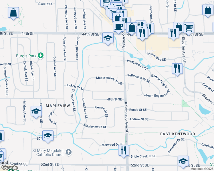 map of restaurants, bars, coffee shops, grocery stores, and more near 1441 Pickett Street Southeast in Kentwood