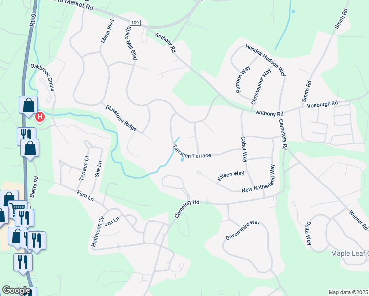 map of restaurants, bars, coffee shops, grocery stores, and more near 20 Tarragon Terrace in Saratoga County