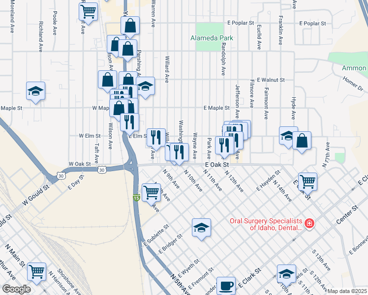 map of restaurants, bars, coffee shops, grocery stores, and more near 128 Washington Avenue in Pocatello