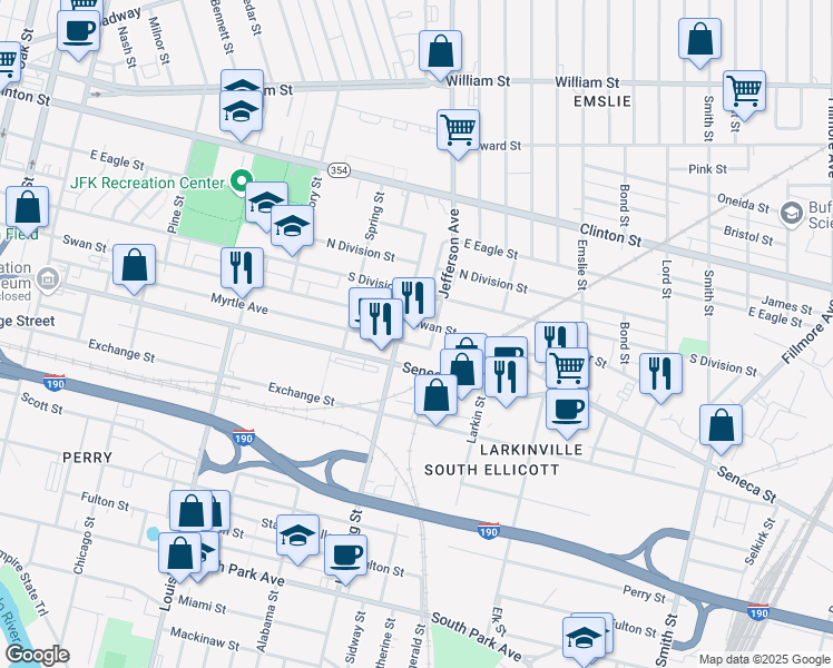 map of restaurants, bars, coffee shops, grocery stores, and more near 580 Seneca Street in Buffalo