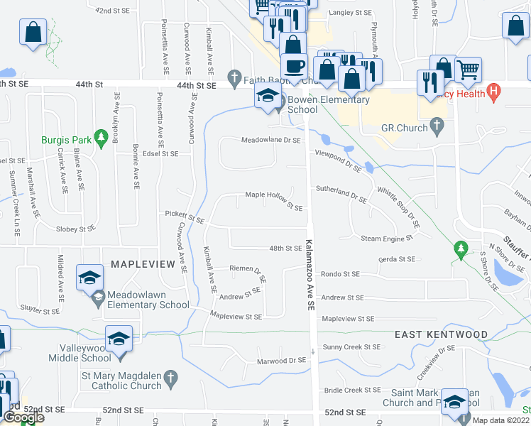 map of restaurants, bars, coffee shops, grocery stores, and more near 1441 Pickett Street Southeast in Kentwood