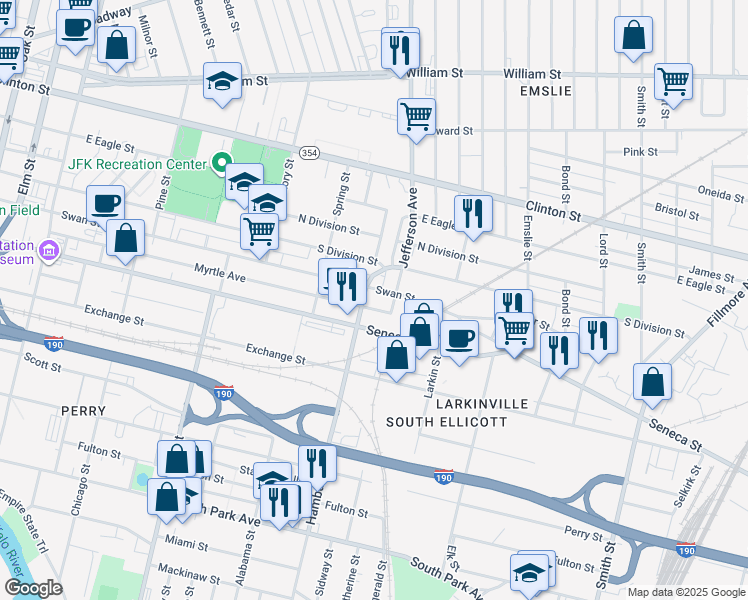 map of restaurants, bars, coffee shops, grocery stores, and more near 545 Swan Street in Buffalo