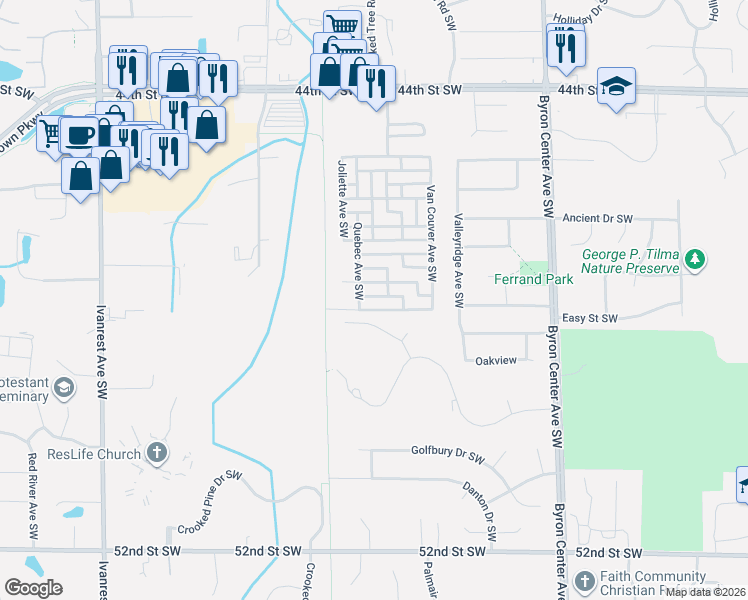 map of restaurants, bars, coffee shops, grocery stores, and more near 2752 Regina Street Southwest in Wyoming