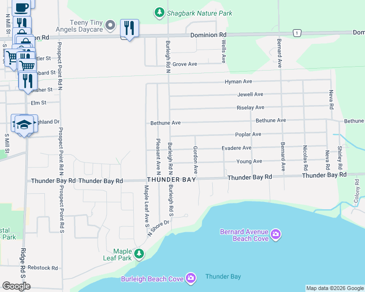 map of restaurants, bars, coffee shops, grocery stores, and more near 3314 Evadere Avenue in Fort Erie