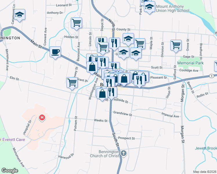map of restaurants, bars, coffee shops, grocery stores, and more near in Bennington
