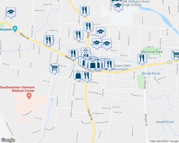map of restaurants, bars, coffee shops, grocery stores, and more near 411 Main Street in Bennington